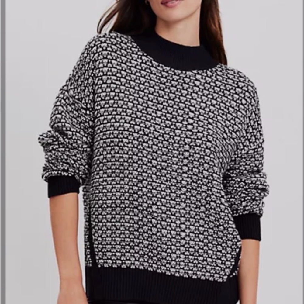 LOFT Textured Stitch Mock Neck Sweater Black White Size M Excellent Condition